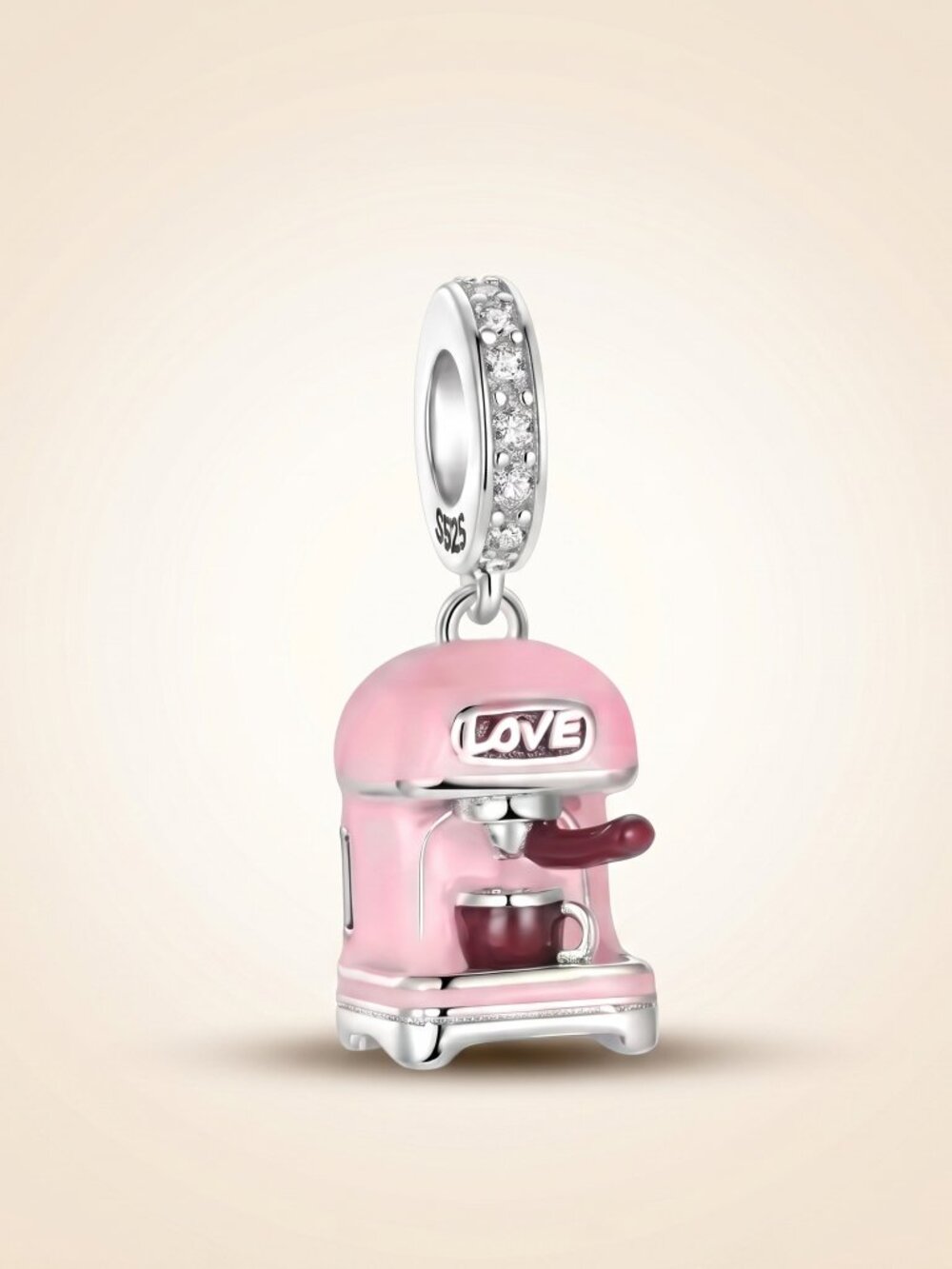 S925 Silver Pink Coffee Maker Espresso Charm Pandora Fit Gift
